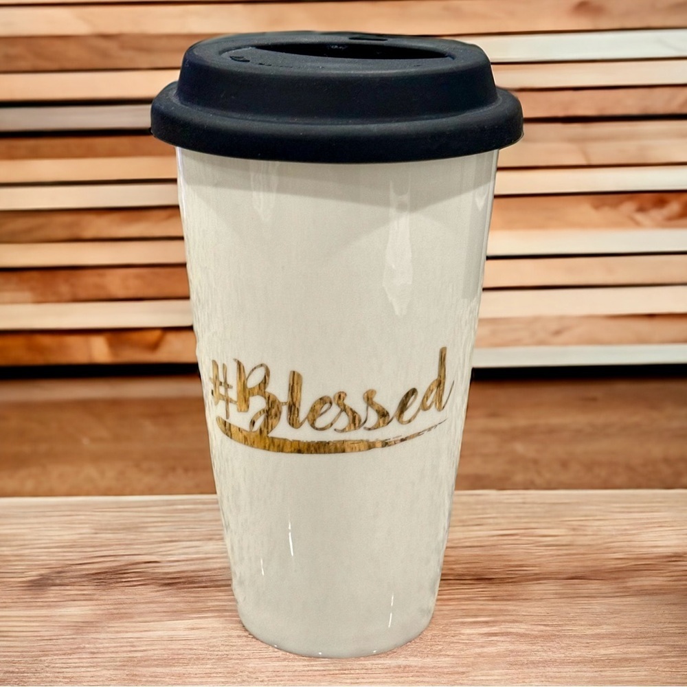 Tall Porcelain “#blessed” Travel Mug with Black Silicone Lid